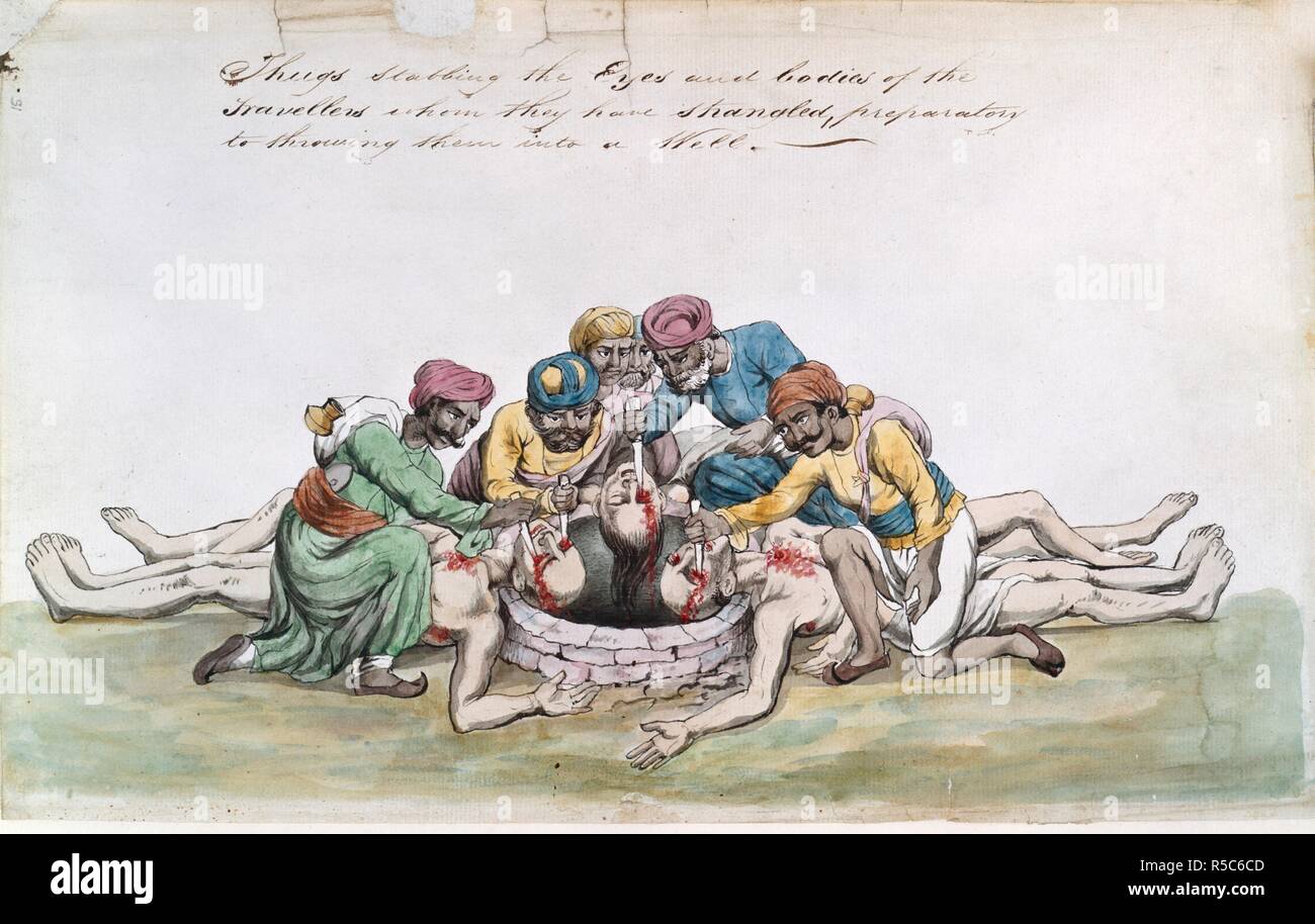 Thugs mutilating the bodies. Dialogues with Thugs and Narratives of Murderers'. India; 1829-1840. [Whole folio] Thugs stabbing the eyes and bodies of the travellers whom they have strangled, before throwing them into a well  Image taken from Dialogues with Thugs and Narratives of Murderers' Expeditions.  Originally published/produced in India; 1829-1840. . Source: Add. 41300, f.15. Language: English. Stock Photo