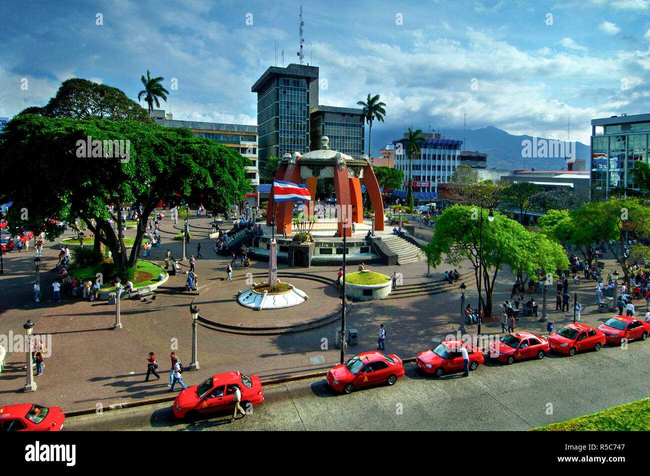 Costa Rica, San Jose, Central Park, Parque Central, Bandstand, Taxis, Central Valley Stock Photo