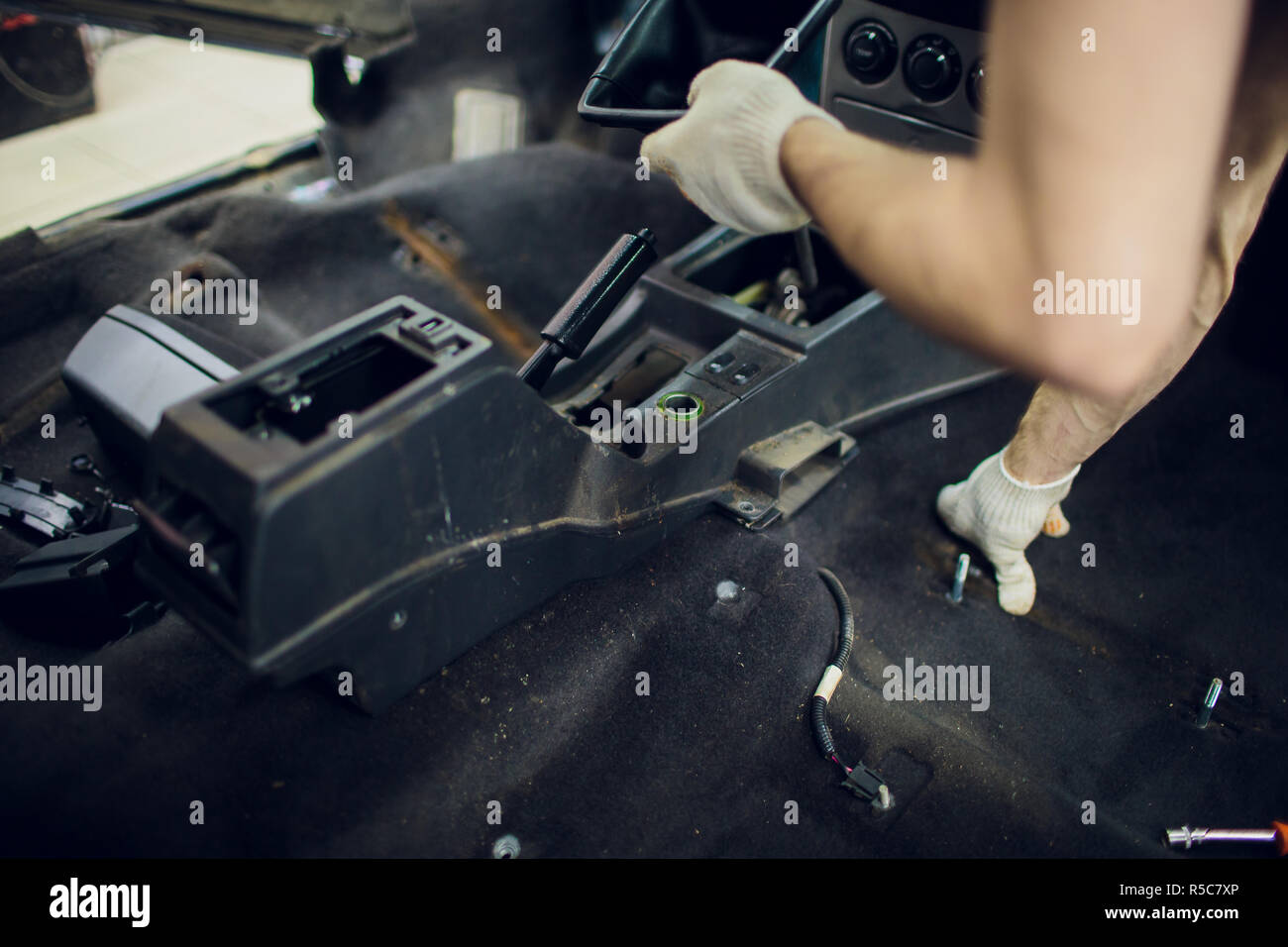 close up part of a car automatic gear lever, gear shift, dismantling