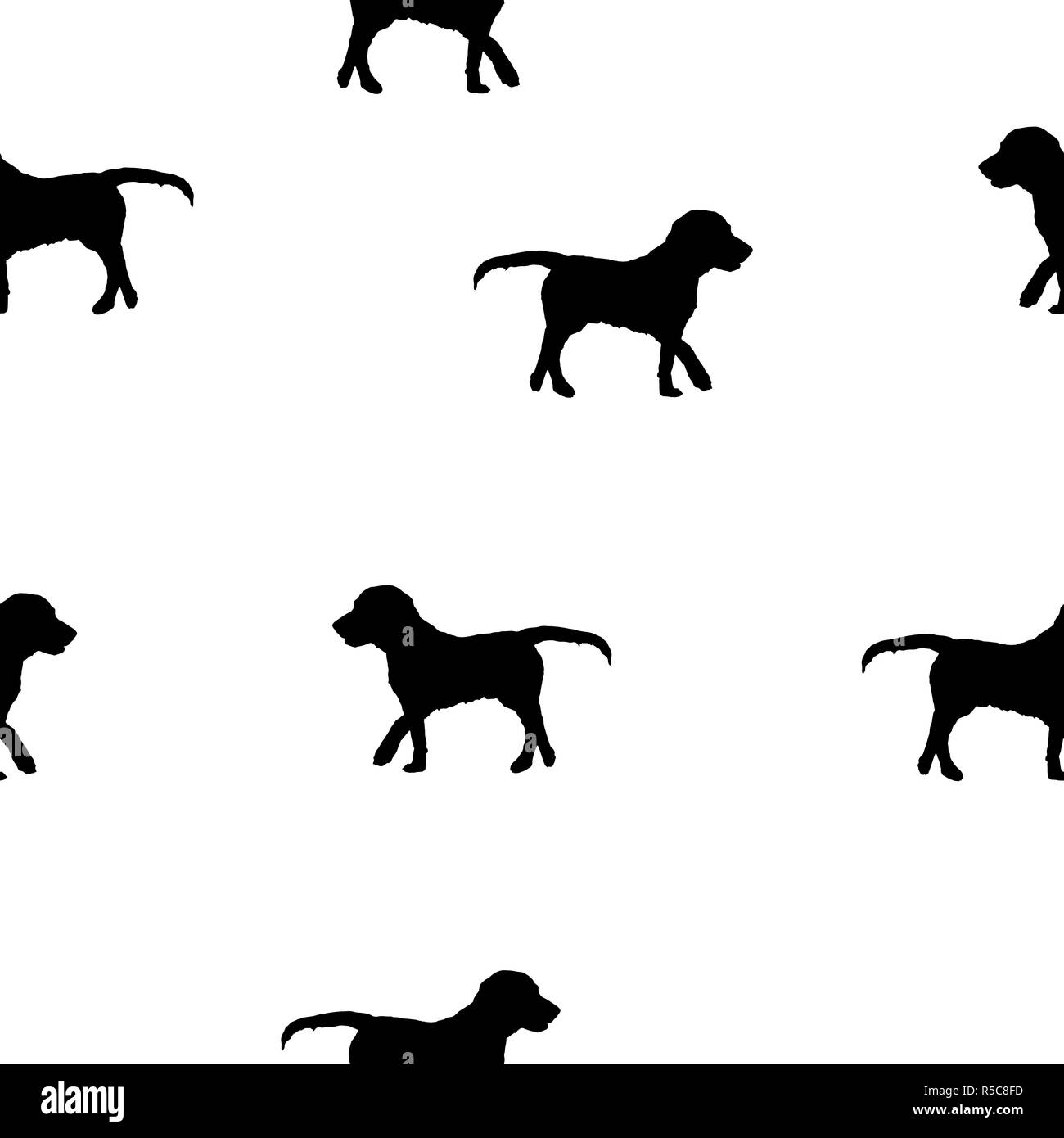 Seamless animals pattern dogs black silhouette isolated on white background. Pet drawn simple print kid style. Cute small outline puppy backdrop Stock Photo