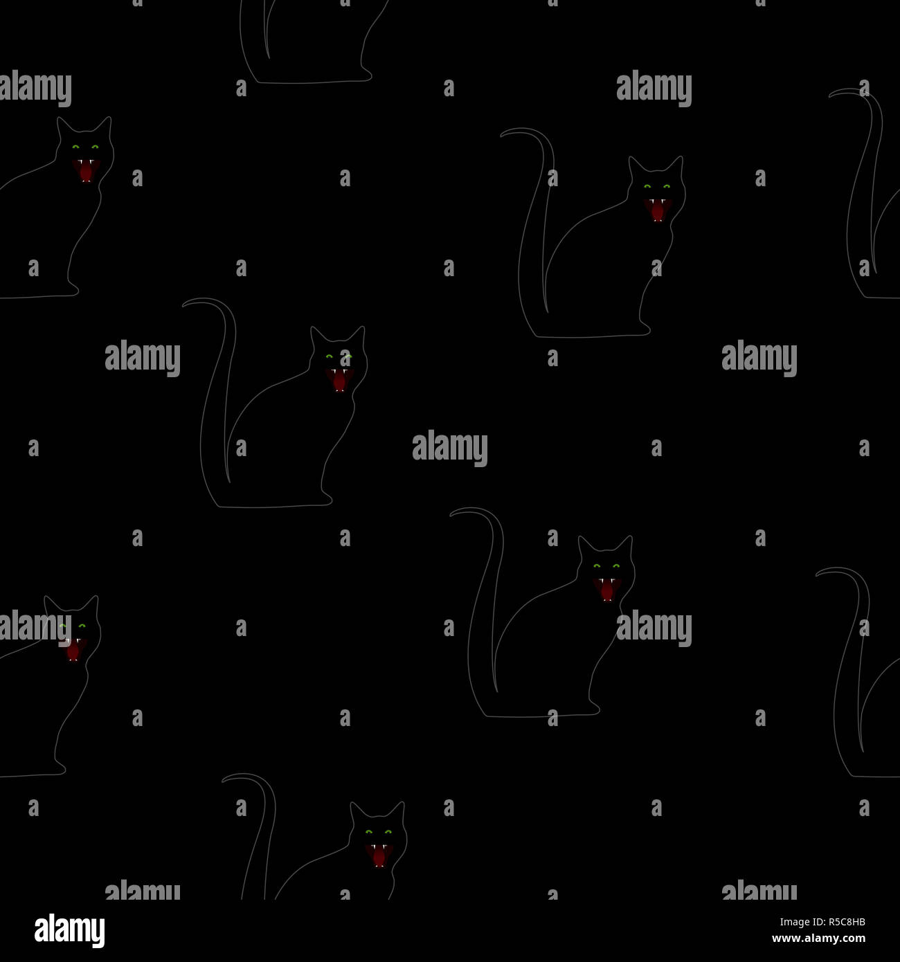 Seamless animals pattern black cats silhouette with green eyes isolated ...