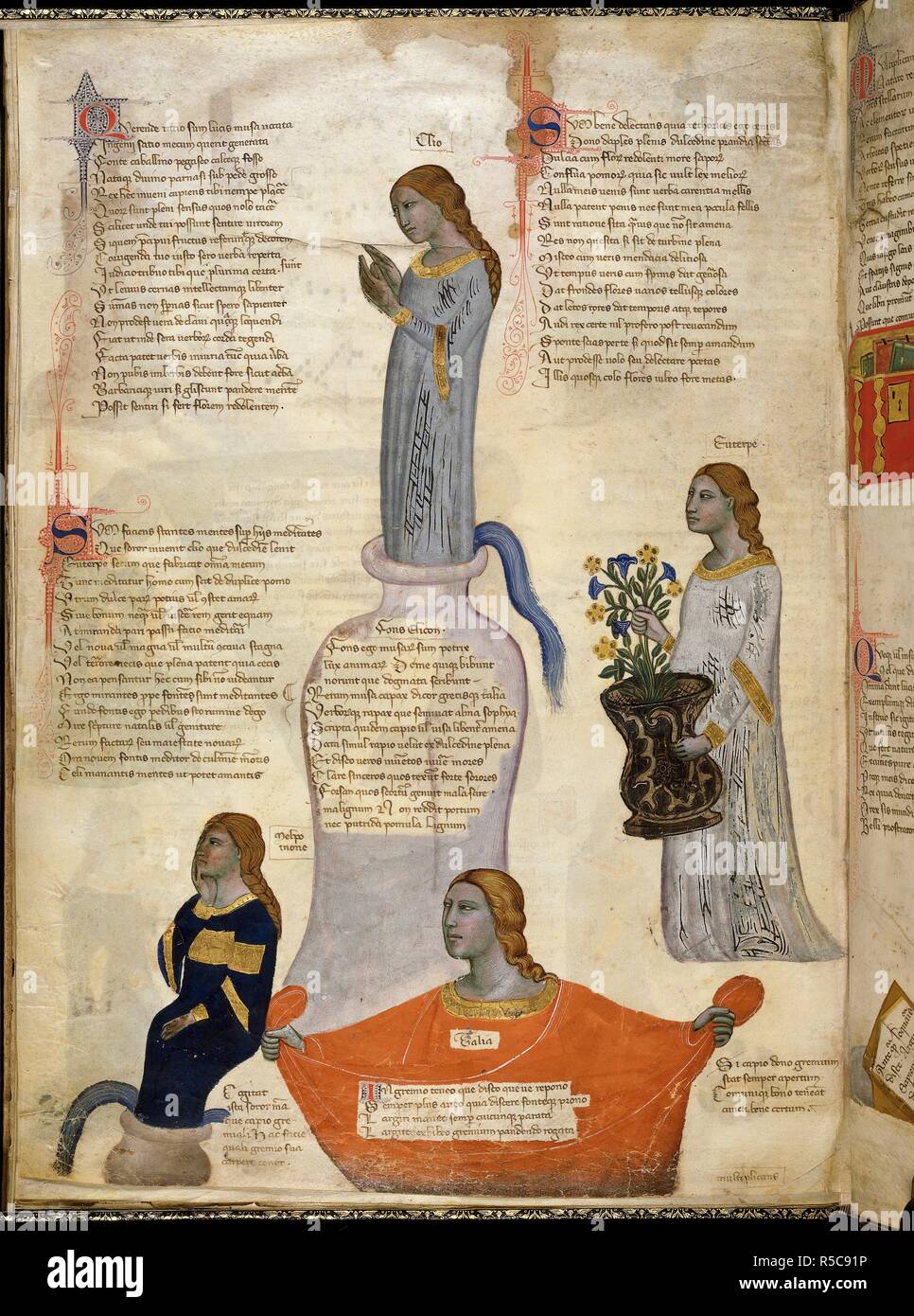 Miniature of Four Muses: Clio (history), Melpomene (tragedy), Euterpe  (music) and Thalia (comedy). Address in verse to Robert of Anjou, King of  Naples, from the town of Prato in Tuscany (the 'Regia