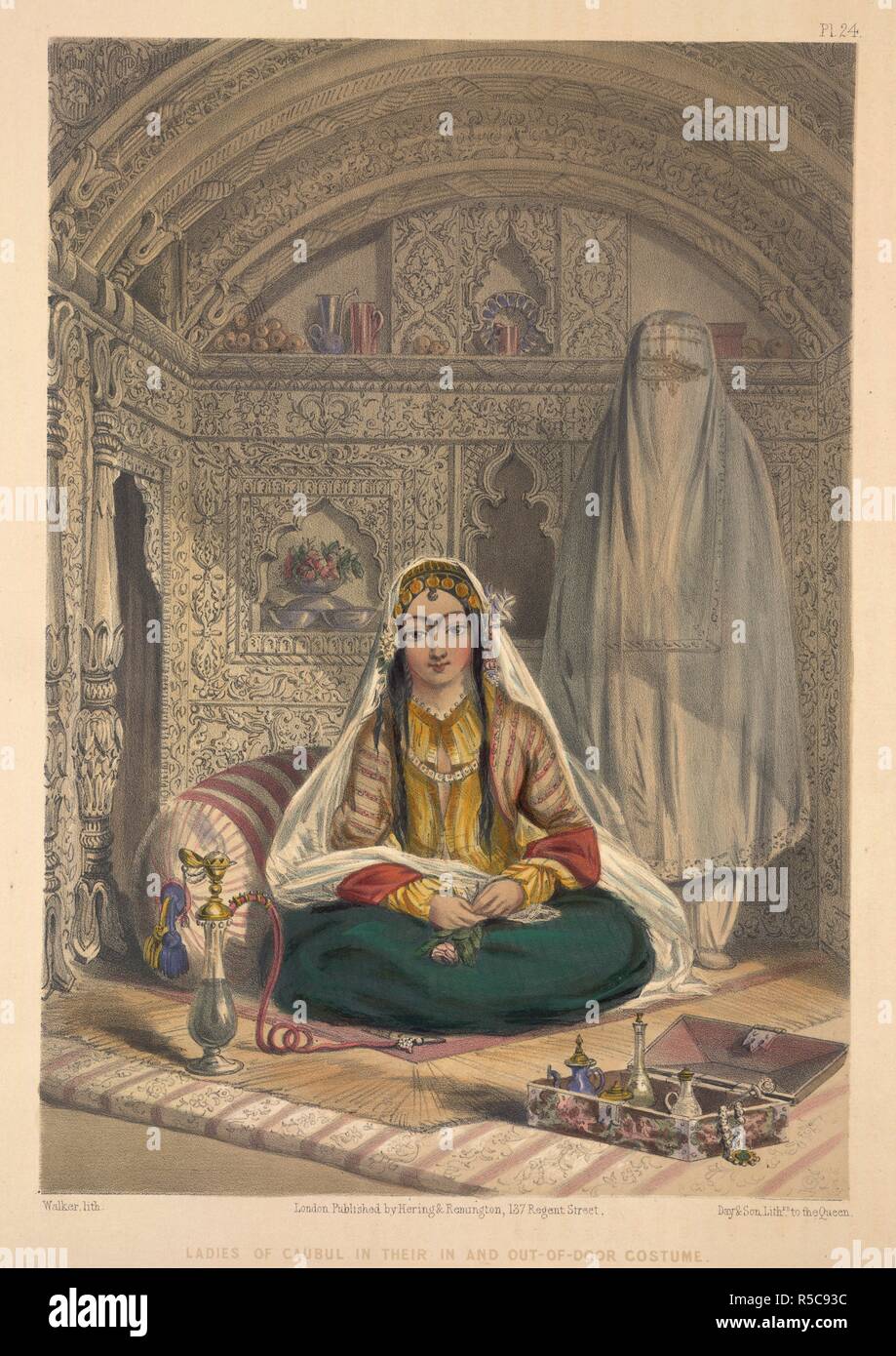 Ladies of Caubul in their In and Out-of-Doors. Scenery, Inhabitants, and Costumes of Afghaunistan. London : Hering & Remington, 1848. Lithograph. Source: X 562, plate 24. Author: CARRICK, ROBERT. Stock Photo