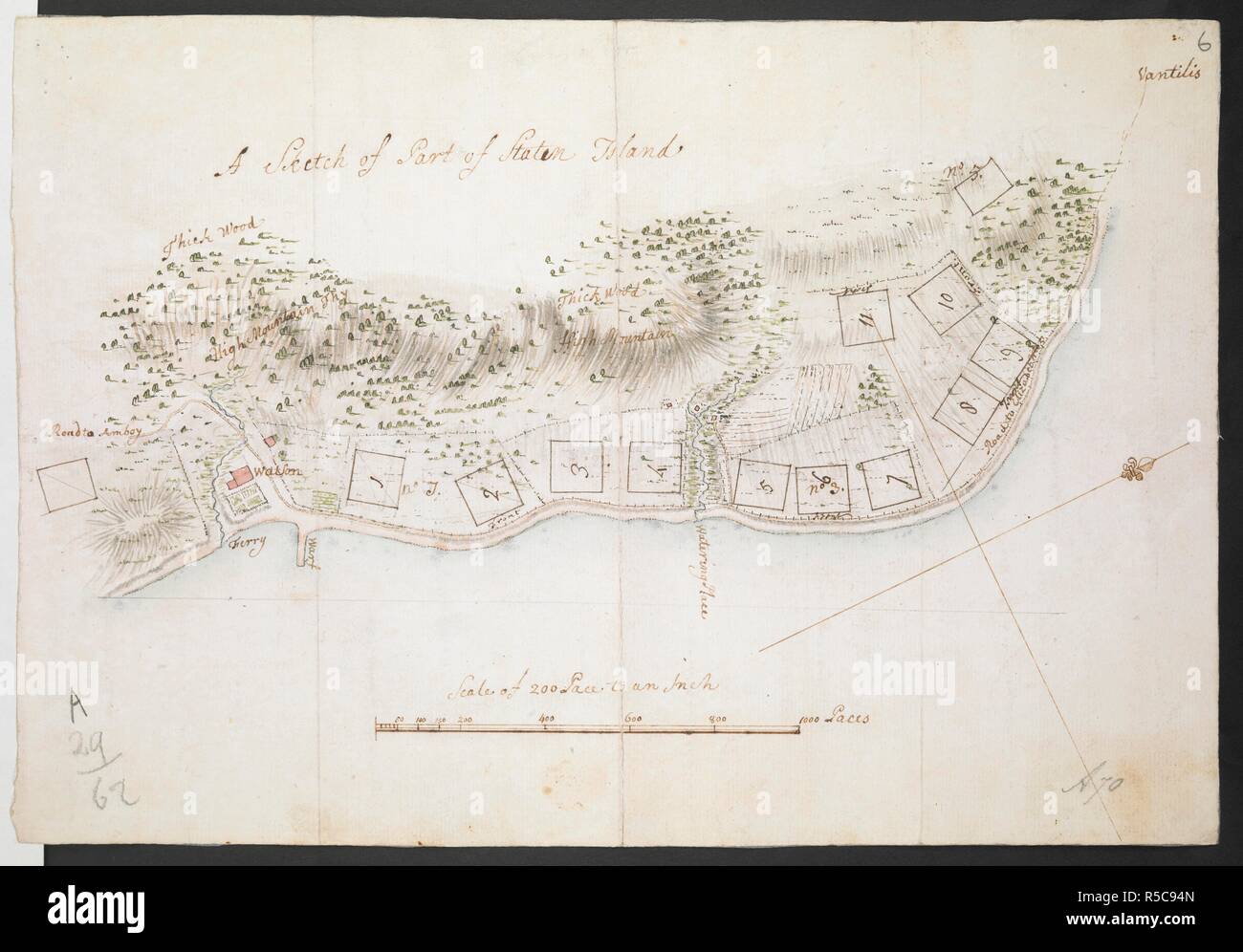 A sketch of part of Staten Island'; 18th cent.  . R.U.S.I. MAPS. Vol. LXXVI (1-13). 57711 (1-4). Places in states North-East of New York. 18th century. 1:12000. 'Scale of 200 paces to an inch'. Scale bar of 1000 paces (= 5 inches). Map oriented with West North-West at top. 245 x 360mm. Source: Add. 57711.6 Amherst no. A 70. R.U.S.I. no. A 29.62. Stock Photo