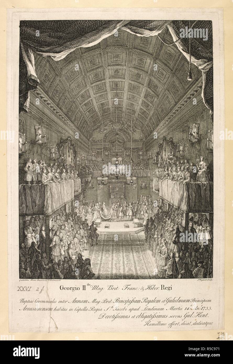 The wedding ceremony of Anne, Princess Royal and William IV, Prince of Orange in the French Chapel, St. James's Palace, 14th March 1733. Nuptiae Ceremoniales inter Annam Mag. Brit. Principissam Regalem et Gulielmum Principem Arausionensem, habitae in Capella Regia Sti Jacobi apud Londinum, Martis 14Âº. 1733. Source: Maps K.Top.26.2.f. Language: Latin. Author: RIGAUD, HYACINTHE. Stock Photo