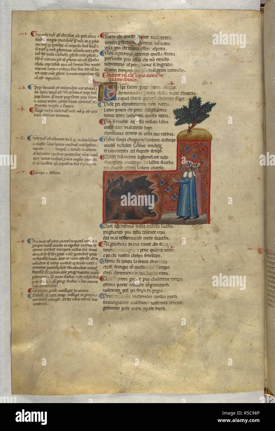 Inferno: Pluto in the form of a wolf. Dante Alighieri, Divina Commedia ( The Divine Comedy ), with a commentary in Latin. 1st half of the 14th century. Source: Egerton 943, f.13v. Language: Italian, Latin. Stock Photo