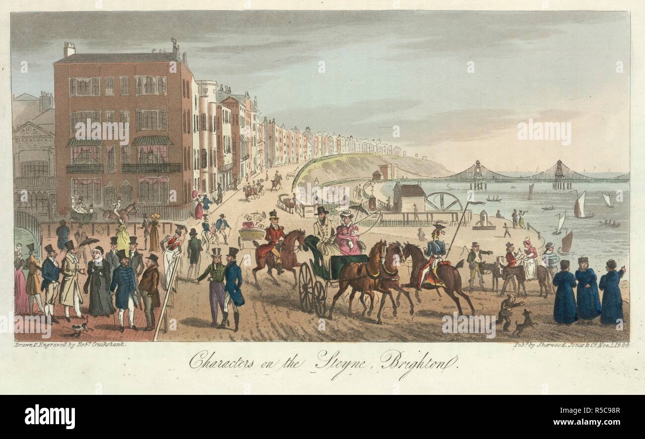 Brighton seafront. The English Spy: an original work, characteristic,. Sherwood, Jones & Co.: London, 1825, 26. Characters on the Steyne, Brighton'.  Image taken from The English Spy: an original work, characteristic, satirical, and humorous. Comprising scenes and sketches in every rank of society, being portraits of the illustrious, eminent, eccentric, and notorious. Drawn from the life by Bernard Blackmantle [pseudonym of Charles Molloy Westmacott]. The illustrations designed by Robert Cruikshank.   Originally published/produced in Sherwood, Jones & Co.: London, 1825, 26. . Source: C.58.g.15 Stock Photo