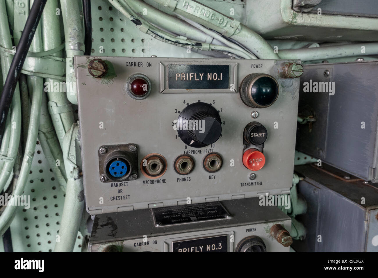 Prifly No 1 panel (for communication) in the Flight Deck Control Room, USS Midway, San Diego, California, United States. Stock Photo