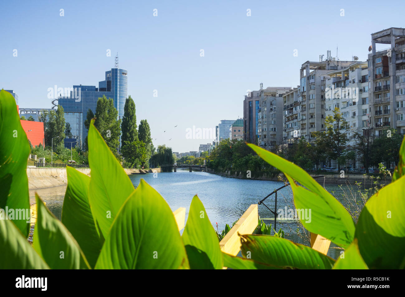 Dambovita river in downtown Bucharest; residential and office buildings on its shoreline, Romania Stock Photo