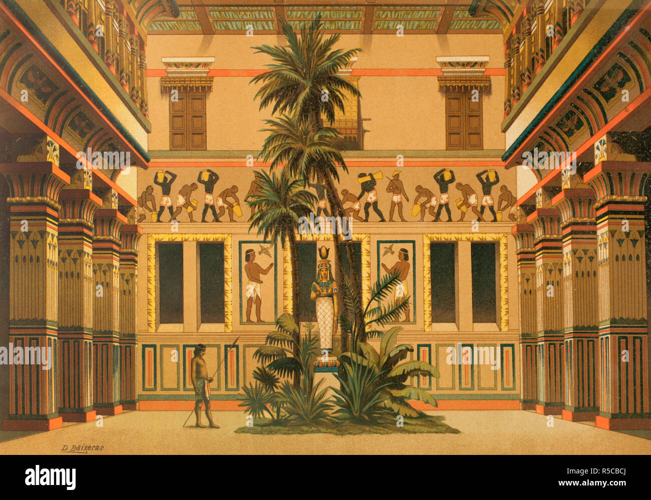 North of Africa. Ancient Egypt. Courtyard of a residence of the Egyptian nobility. Drawing by Dionisio Baixeras (1862-1943). Chromolithography. La Civilizacion (The Civilization), volume I, 1881. Stock Photo