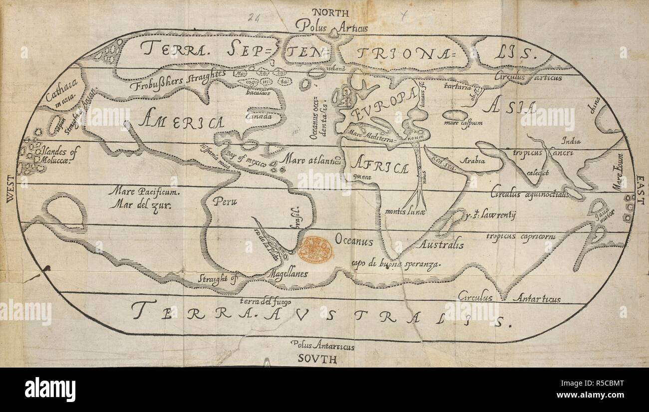 Map of the North Atlantic Ocean.  A map indicating the North and South polar regions. Map of the North Atlantic Ocean. In: A trve discovrse of the late voyages of discouerie, for the finding of a passage to Cathaya, by the Northvveast, vnder the conduct of Martin Frobisher Generall: deuided into three bookes. London : H. Bynnyman, 1578. 1 map : b&w ; 28 x 39 cm., on sheet 29 x 40.5 cm., folded to 16.5 x 11.5 cm.; Scale not given. Source: C.13.a.9.(1) opposite page 24. Author: Best, George, Captain. Stock Photo