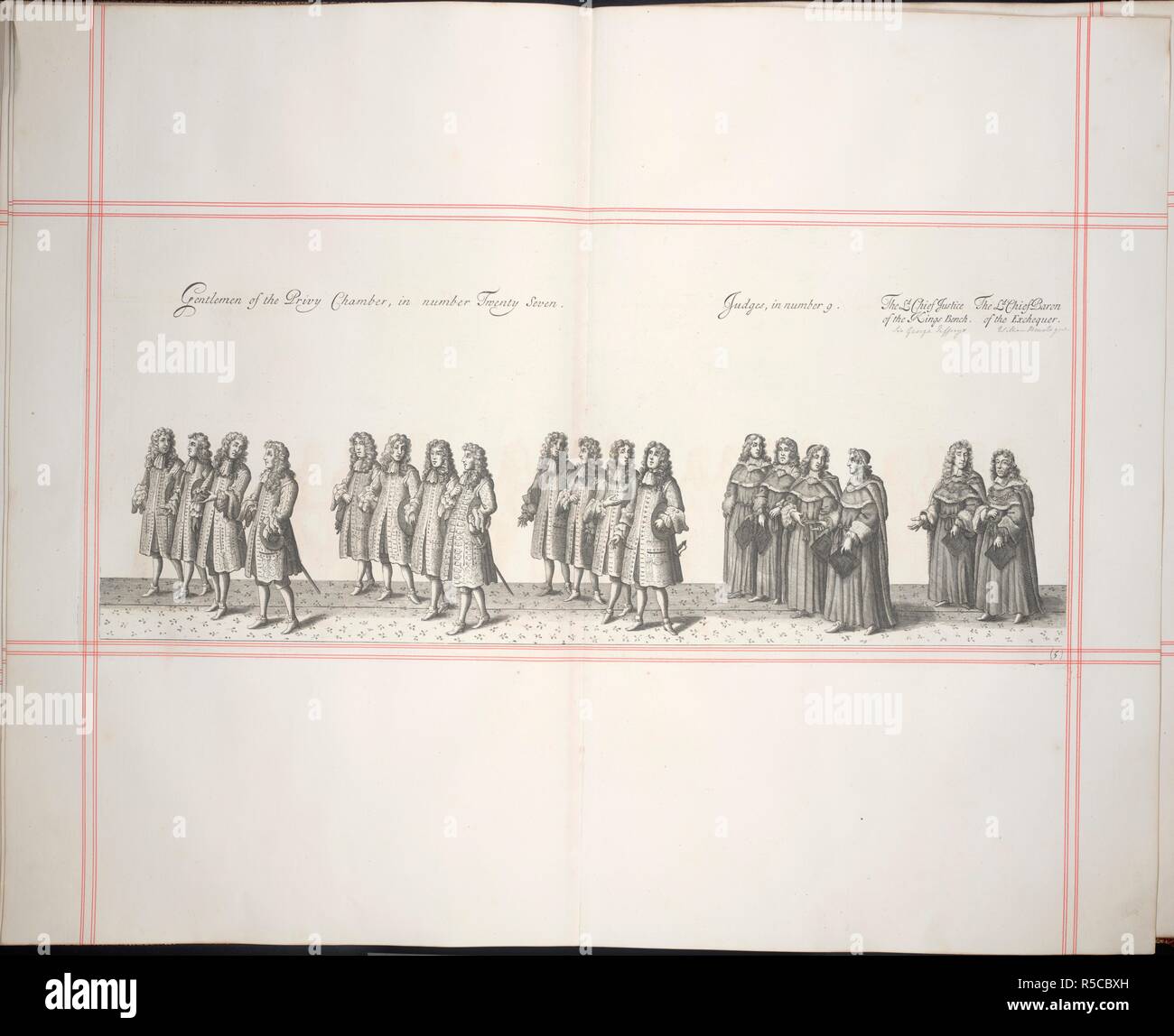 Part of the formal procession for the coronation of James II: Gentlemen of the Privy Chamber; Judges; Lord Chief Justice of the Kings Bench; Lord Chief Baron of the Exchequer. The History of the Coronation of ... James II. ... and of Queen Mary. T. Newcomb: In the Savoy, [London,] 1687. Source: G.8188, +097. Language: English. Author: SANDFORD, FRANCIS. Stock Photo