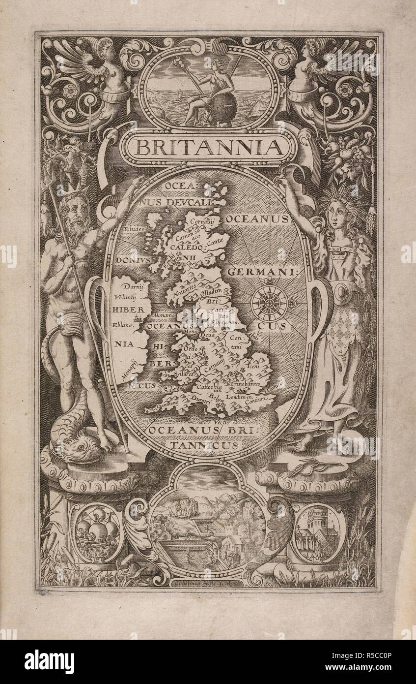 A map of Britain, and images of Britannia. A small view of Stonehenge. Britannia; sive florentissimorum regnorum Angliae Scotiae, Hiberniae, et insularum adjacentium ex intima antiquitate chorographica descriptio ... Guilielmo Camdeno authore. [With maps by John Norden & Christopher Saxton, engraved by W. Hole & W. Kip]. Londini : Impensis G. Bishop & I. Norton, 1607. Source: C.7.b.1 frontispiece. Author: Camden, William. Stock Photo