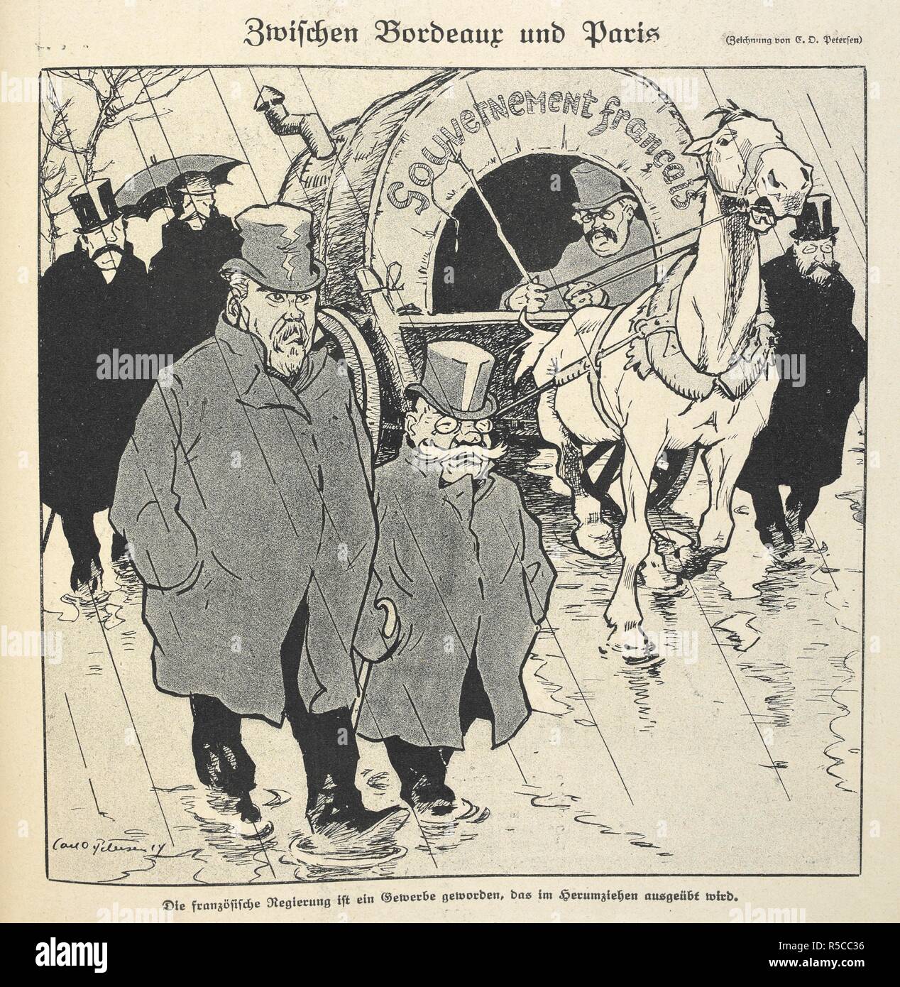 Zwischen Bordeaux und Paris: 'Between Bordeaux and Paris'. Tsar Nicholas II of Russia and Paul Von Hindenburg. . Kriegs FlugblÃ¤tter des Simplicissimus. Munich, 1914. Source: Simplicissimus 05/01/1915 page 525 vol.19, issue 40. Author: Petersen, Carl Olof. Stock Photo