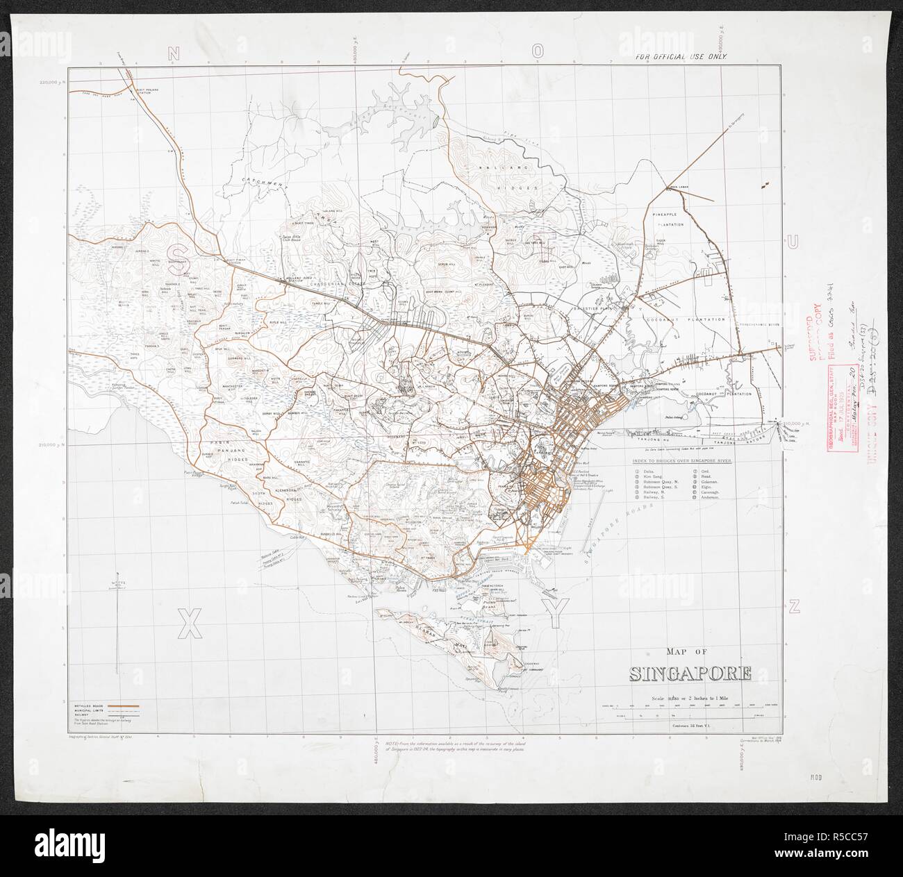 Map of Singapore, 1914. Map of Singapore, GSGS 2241. [London] : [GSGS, War Office], 1914. Great Britain. General Staff. Geographical Section. 1 map : col.; Scale 1:31 680. Source: Maps MOD GSGS 2241. Stock Photo