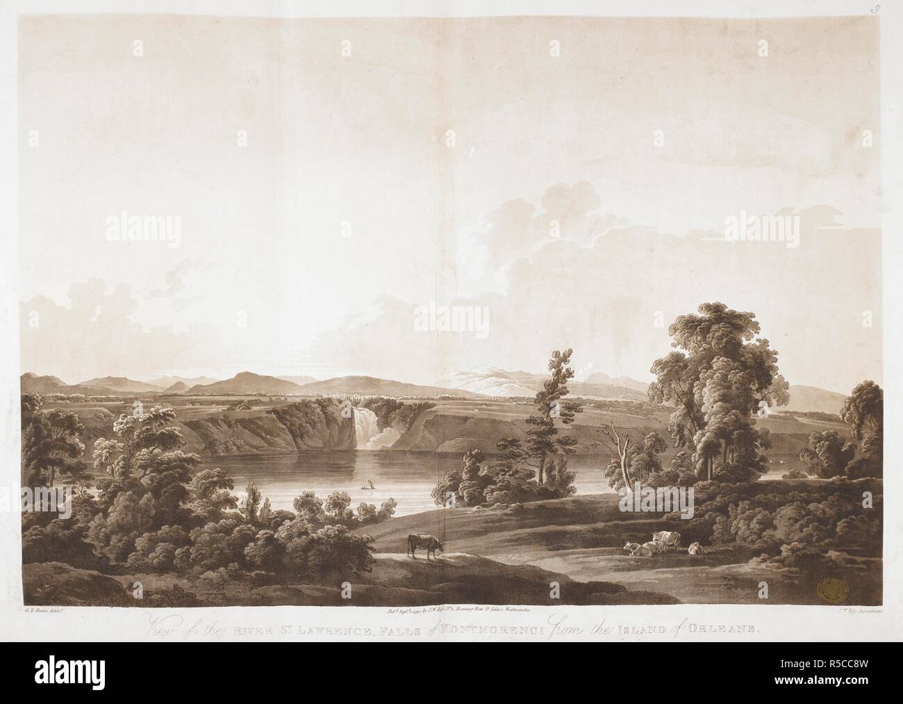 Landscape with cattle in foreground, river with a boat below and a waterfall behind, mountains on the horizon. View of the RIVER LAWRENCE, FALLS of MONTMORENCI from the ISLAND of ORLEANS. [London] : Pubd Septr 1 1795 by J.W. Edy, No 2, Romney Row, St John's, Westminster., [September 1 1795]. Aquatint and etching. Source: Maps K.Top.119.30.c. Language: English. Author: Edy, John William. Stock Photo