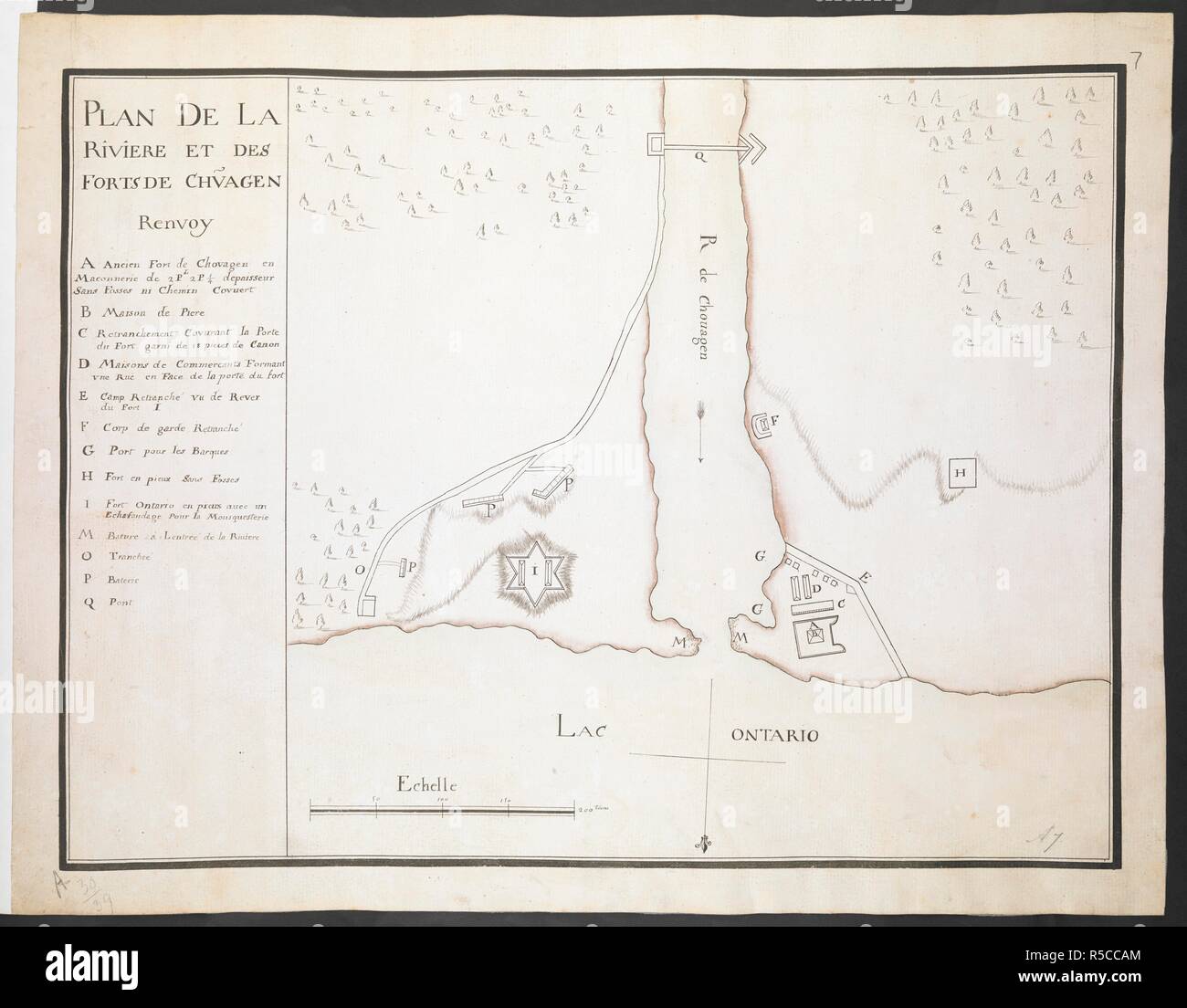 'Plan de la Riviere et des forts de Chouagen'. R.U.S.I. MAPS. Vol. LXXIII (1-13). 'Plan de la Riviere et des forts de Chouagen'. Mid 18th cent. Echelle, 200 toises' (= 120mm.). Map oriented with South at top. French. 360 x 480mm. Source: Add. 57708.7 Amherst no. A 7. R.U.S.I. no. A 30.39. Stock Photo