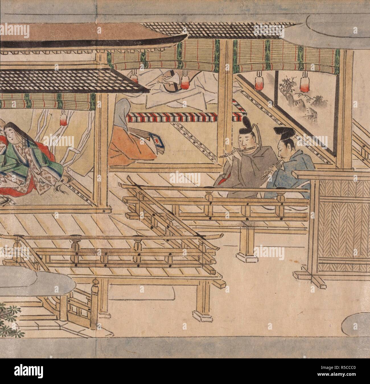 Japanese musicians. 'Shiju no monoarasoi' or 'Poetry Competition on 42. Japan , 1640-1680. Musicians playing flutes, koto and biwa.  Image taken from 'Shiju no monoarasoi' or 'Poetry Competition on 42 subjects'.  Originally published/produced in Japan , 1640-1680. . Source: Or. 903, scroll. Language: Japanese. Stock Photo