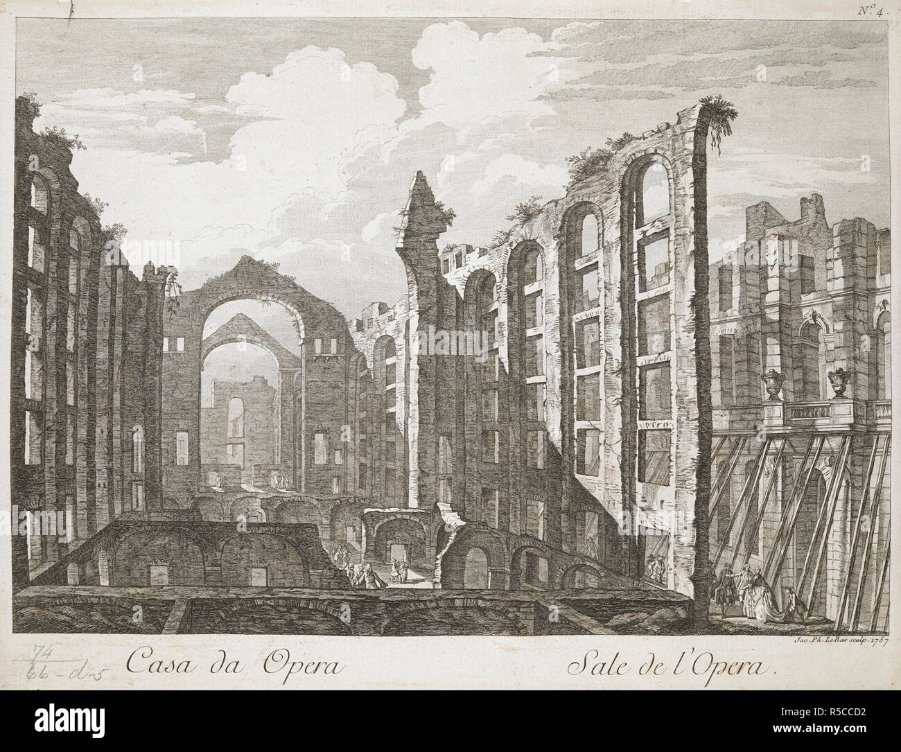 Groups of figures promenade under the destroyed pit of the Opera House in Lisbon on the left. A lady and her retinue enter the ruins from the right through a gateway secured by wooden struts propped against the walls, with the arch of the proscenium standing in the background. Casa da Opera = Sale de l'Opera. [Paris] : [Jacques-Philippe Le Bas and Jacques-FranÃ§ois Blondel], [1757]. Source: Maps K.Top.74.66.d.5. Language: French. Stock Photo