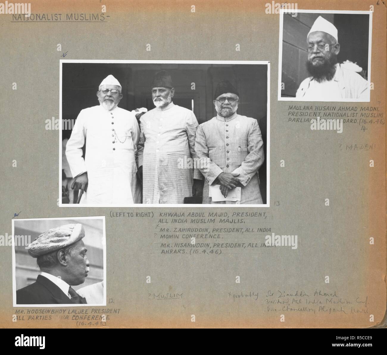 Photo 134/2(12): Nationalist Muslims. Mr Hooseinbhoy Laljee, President, All Parties Shia Conference. Photo 134/2(13): Nationalist Muslims. (Left to right) Khwaja Abdul Majid, President, All India Muslim Majlis; [Sir Ziauddin Ahmed, President, All India Muslim Conference]; Mr Hisamuddin, President, All India Ahrars. Photo 134/2/(14): Nationalist Muslims. Maulana Husain Ahmad Mad[a]ni, President, Nationalist Muslim Parliamentary Board.    . [Joyce Collection: Cabinet Mission to India, 1946 - volume II.]. India 16 Apr 1946. Source: Photo 134/2/12-14. Stock Photo