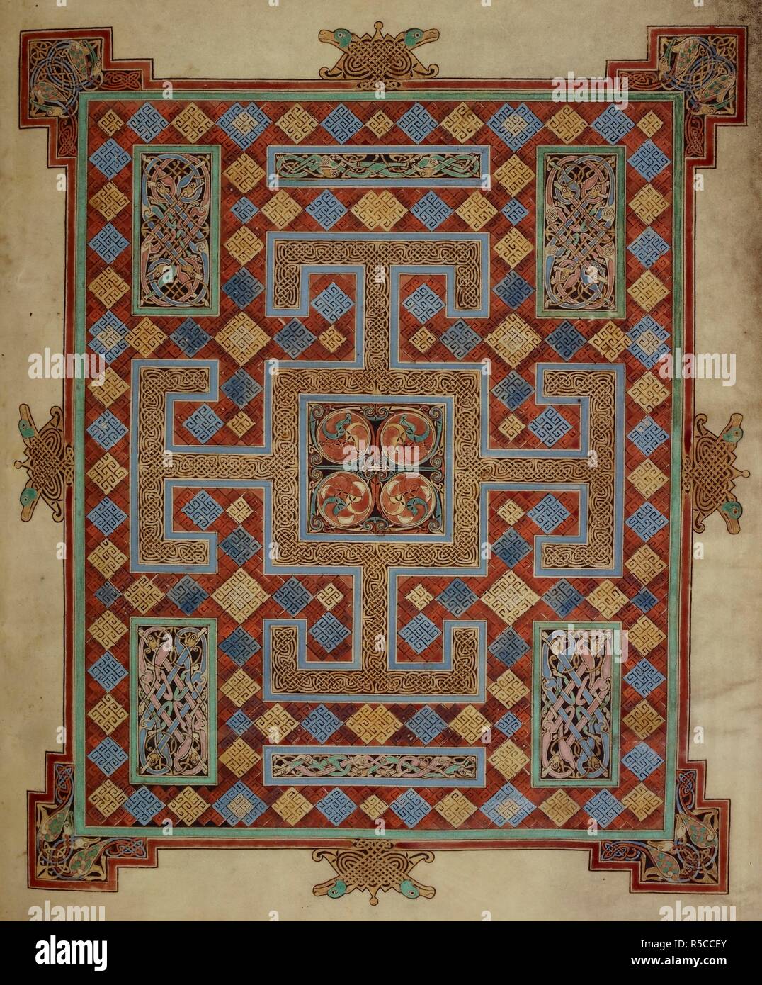 Carpet page. Lindisfarne Gospels. N.E. England [Lindisfarne]; 710-721. (Whole folio) Carpet page introducing St Luke's Gospel.  Image taken from Lindisfarne Gospels.  Originally published/produced in N.E. England [Lindisfarne]; 710-721. . Source: Cotton Nero D. IV, f.138v. Language: Latin with Anglo-Sax. Stock Photo