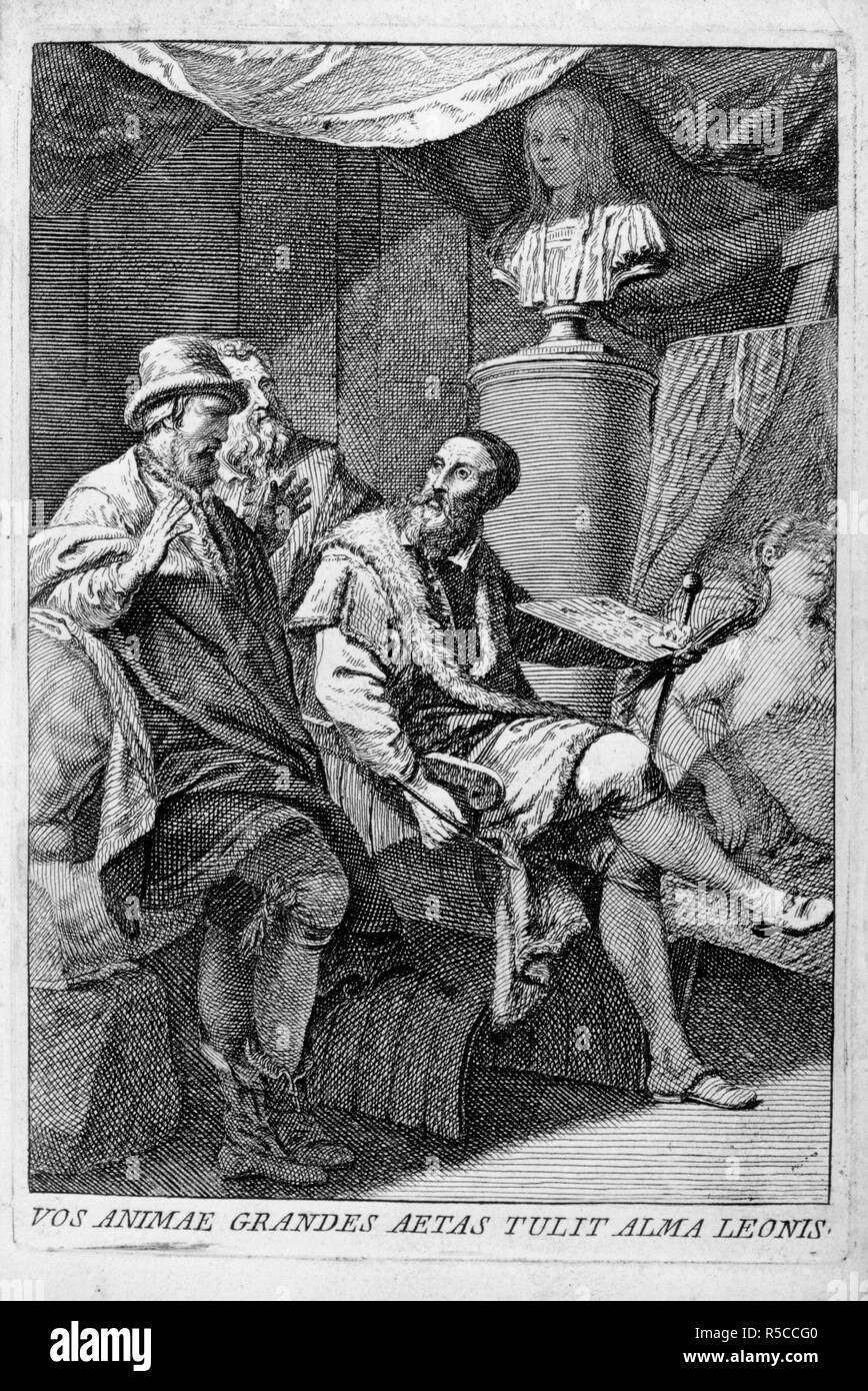 Artists. Dialogo della Pittura, etc. (Dialogue sur la Peint. Florence, 1735. Three artists discussing a painting.  Image taken from Dialogo della Pittura, etc. (Dialogue sur la Peinture, etc.) [Translated, with a preface, by N. Vloughels.] Ital. and Fr.  Originally published/produced in Florence, 1735. . Source: 57.b.23, frontispiece. Stock Photo