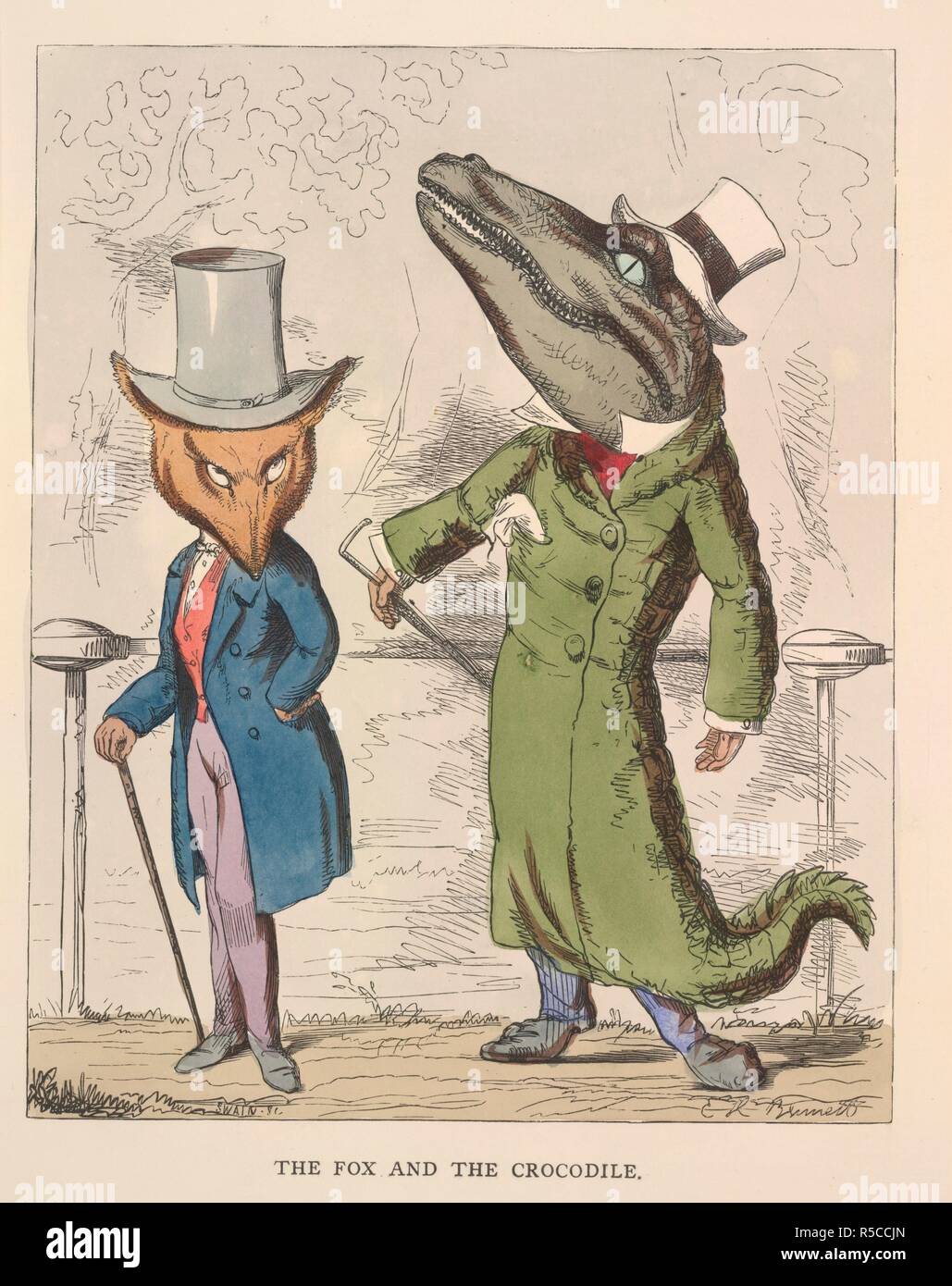 The fox and the crocodile. The Fables of Ã†sop and others. Translated into hum. W. Kent & Co.: London, 1857. The fox and the crocodile. Both dressed in top hats and long coats.  Image taken from The Fables of Ã†sop and others. Translated into human nature, designed and drawn on the wood by Charles H. Bennett, etc.  Originally published/produced in W. Kent & Co.: London, 1857. . Source: 12305.g.11, opposite 19. Language: English. Author: AESOP. Bennett, C. H. Swain, J. Stock Photo