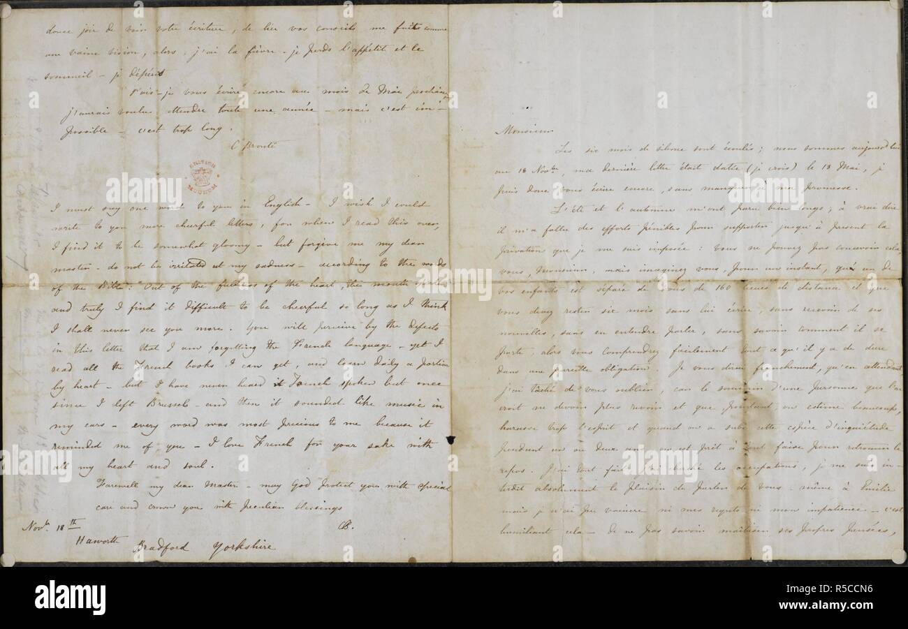 Letter from Charlotte BrontÃ« to Professor Constantin Heger 18 November 1844. Extract from letter: '...truly I find it difficult to be cheerful so long as I think I shall never see you more.'. FOUR LETTERS Of Charlotte BrontÃ« to Prof. Constantin Heger [the original of Paul Emanuel in "Villette"] ; 24 July, 1844 - 18 Nov. [1845?]. French. That of 18 Nov. has a postscript in English. Described, published, and translated by Marion H. Spielmann in The Times, 29 July, 1913 (see also the issues of 30 and 31 July). The letters, three of which had been torn up, are preserved separately between glass  Stock Photo