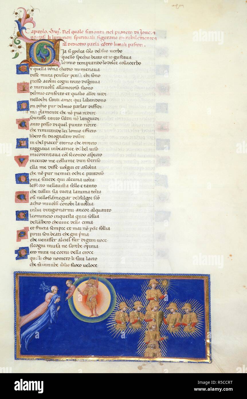 Paradiso, Canto XVIII. Miniature shows Dante and Beatrice hovering before the half figure of Cacciaguida, who is on the periphery of the Heaven of Mars, which has the winged figure of Mars in its centre. Dante is shown the eight holy warriors who appear in the form of a cross. They are from the Old Testament, history, and medieval romance. Joshua and Judas Maccabaeus; Charlemagne, Godefroi de Bouillon and Robert Guiscard; Roland, William of Orange and Reynard. Divine Comedy. Italy [Tuscany]; circa 1450. Source: Yates Thompson 36, f.160. Language: Italian. Author: DANTE ALIGHIERI. GIOVANNI DI P Stock Photo