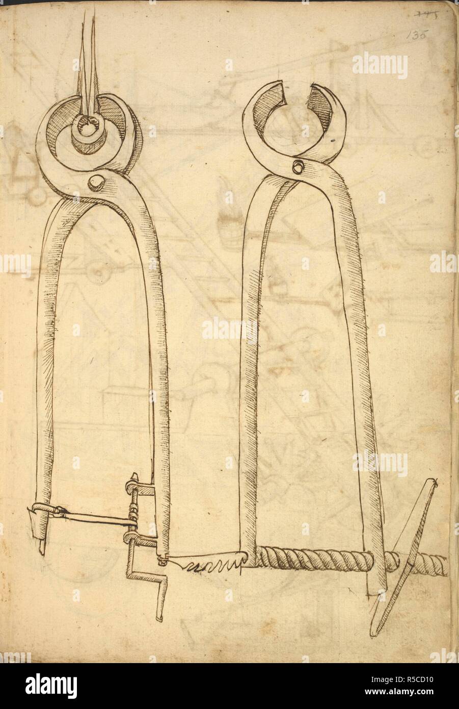 (Whole folio) Penandink drawing of giant pliers manipulated by a rope
