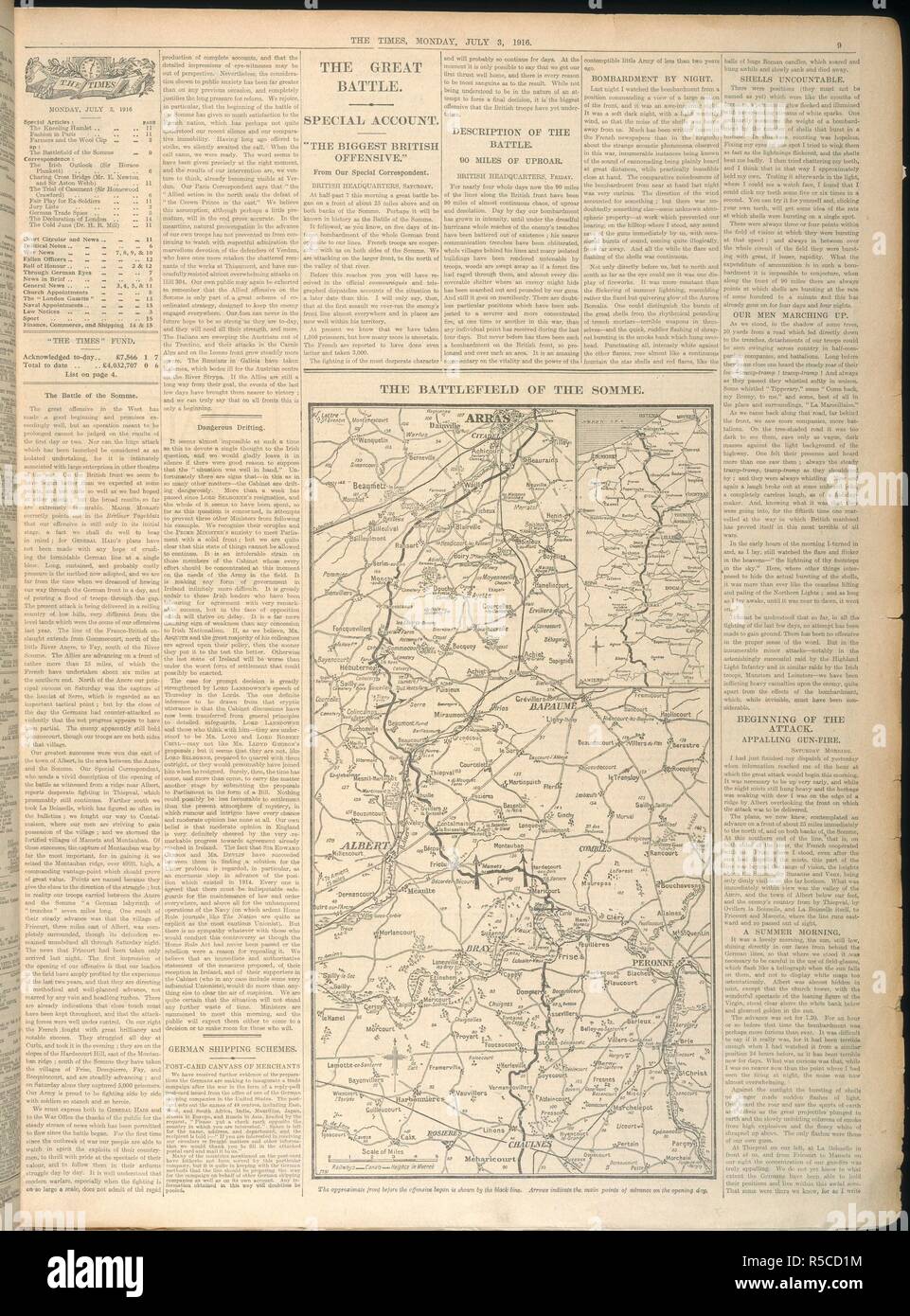 Newspaper article on the Battle of the Somme, with a map. The Times. 03-Jul-16. Source: The Times, 03 July, 1916, page 9. Stock Photo