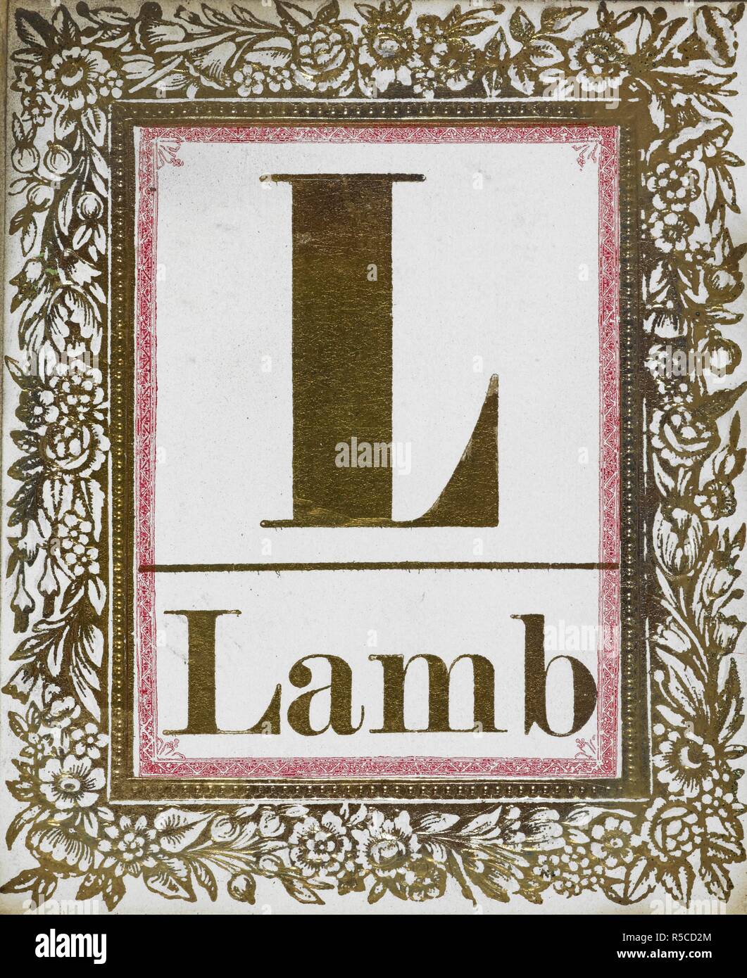 Letter L: Lamb. Gold letter with decorative border. Alphabet Cards. London : T. Nelson & Sons, [1858]. Instructions accompanying cards: 'Let the letters all be piled in a confused heap, from which the child may lift them one by one. Let him keep all he can name correctly, and let the teacher take all which he names wrong, till the pile of letters is divided in two heaps, which may be counted. If the child's heap is the largest, that is, if he has named the greatest number right, he has gained the game. If the prize is a sugar-plum or any trifle, it will excite great interest; the child will so Stock Photo