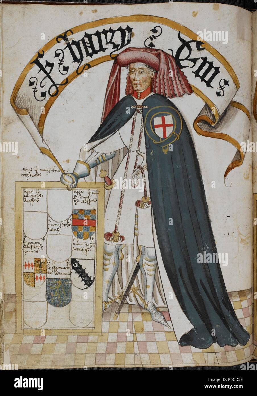 Sir Harry Eam (unfinished), of the Order of the Garter, wearing a blue Garter mantle over plate armour and surcoat displaying his arms. . Pictorial book of arms of the Order of the Garter ('William Bruges's Garter Book'). England, S. E. (probably London); c. 1430- c. 1440 (before 1450). Source: Stowe 594 f.19v. Stock Photo