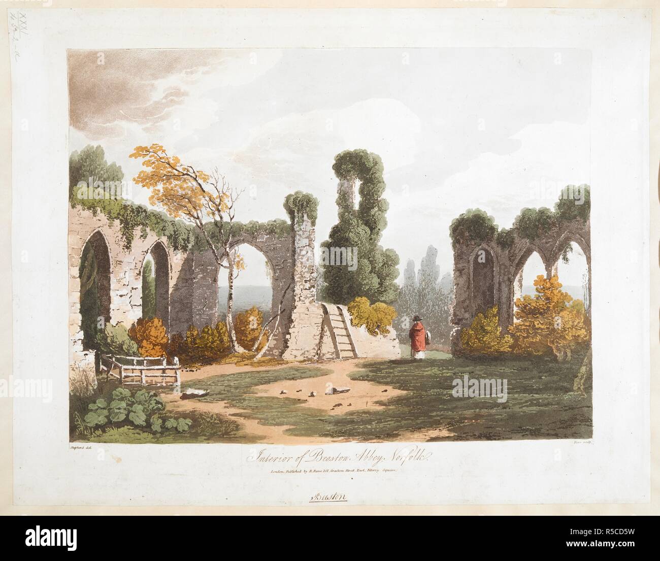 A ruined abbey; ivy and foliage growing on pointed arches; a figure in a red cape in the middle ground; trees in the distance. Interior of Beaston Abbey, Norfolk. London : Published by R. Reeve 151 Grafton Street, East, Fitzroy Square., [around 1790-1810]. Source: Maps K.Top.31.45.2.a. Language: English. Author: Shepherd, Thomas. Stock Photo