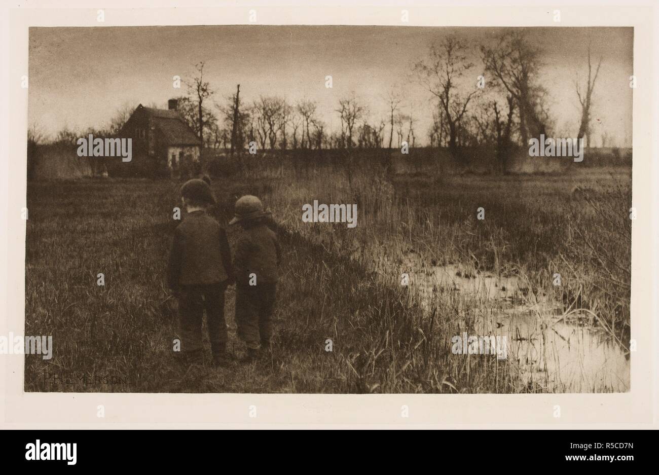 Two boys in a rural East Anglian landscape. Pictures of East Anglian Life. Illustrated ... With ... text and appendices. London : Sampson Low & Co., 1888. Source: Tab.443.a.6, plate XXVII. Language: English. Author: Peter Henry Emerson. Stock Photo
