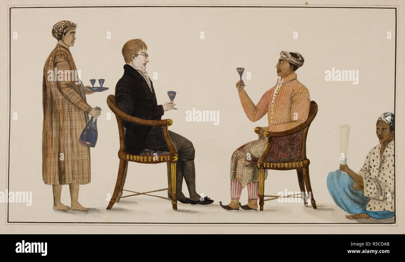 A Dutchman and a Javanese grandee drinking wine together; two servants ...