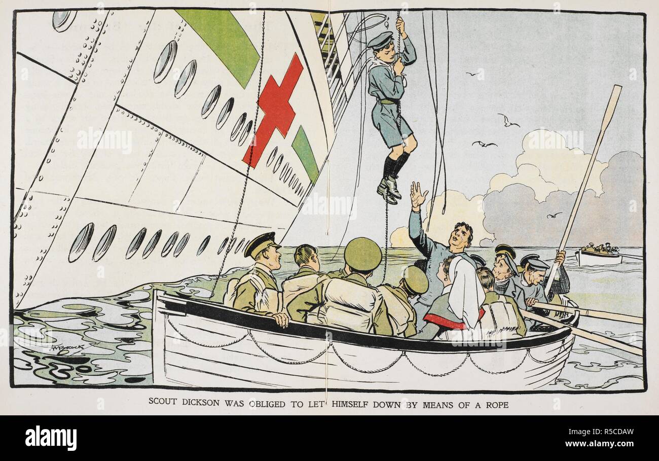'Scout Dickson was obliged to let himself down by means of a rope'. After the 'Britannic' hospital ship was struck by a torpedo, a number of boy scouts remained on board to help the other passengers. Scout Dickson was one of the last people to leave the ship as it was sinking. Brave Boys and Girls in Wartime. True stories. London : Blackie & Son, [1918]. First World War. Source: 12802.dd.8 page. Author: Lea, John. Stock Photo