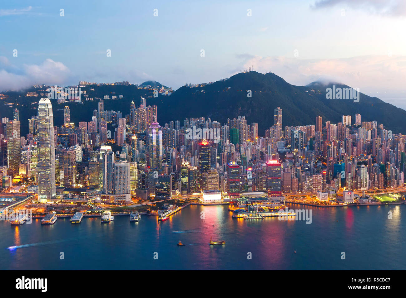 Hong Kong harbour, & Central skyline, Hong Kong Island, Hong Kong, China Stock Photo