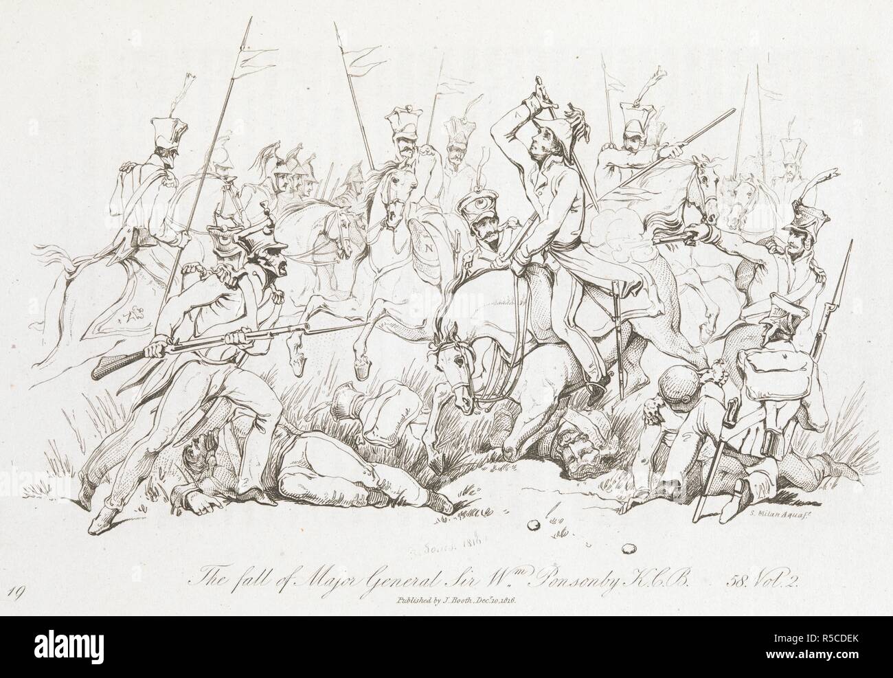 The fall of Maj.Gen. Sir. W.Ponsonby, K.C.B. The Battle of Waterloo, also of Ligny and Quatre-Bras described by ... a near observer ... [A narrative by C. A. Eaton, with a sketch by J. Waldie... from sketches by Captain G. Jones. 2 vol. John Booth; T. Egerton: London, 1817. Source: G.5651 par 2, plate 19, opposite page 58. Author: Eaton, Charlotte Anne. Jones, Captain George. Stock Photo