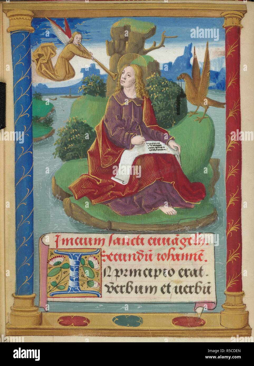 St John writing his gospel. Book of Hours. France; circa 1500. [Whole folio] Gospel readings. St John seated in a landscape, writing his gospel, with his symbol, the eagle, and an angel blowing a trumpet. Below, John 1, 1, beginning with decorated initial 'I'  Image taken from Book of Hours.  Originally published/produced in France; circa 1500. . Source: Sloane 2419, f.8v. Language: Latin. Stock Photo