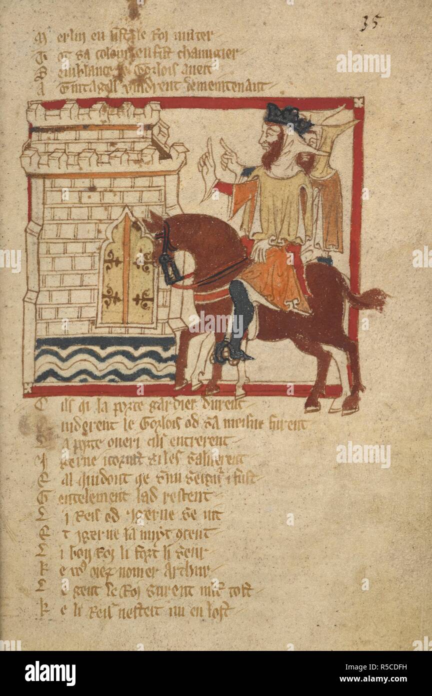 King Uther comes to Tintagel. ROMANCES in French verse ... 14th century. Source: Egerton 3028 f.35. Author: Wace, Canon of Bayeux. Stock Photo