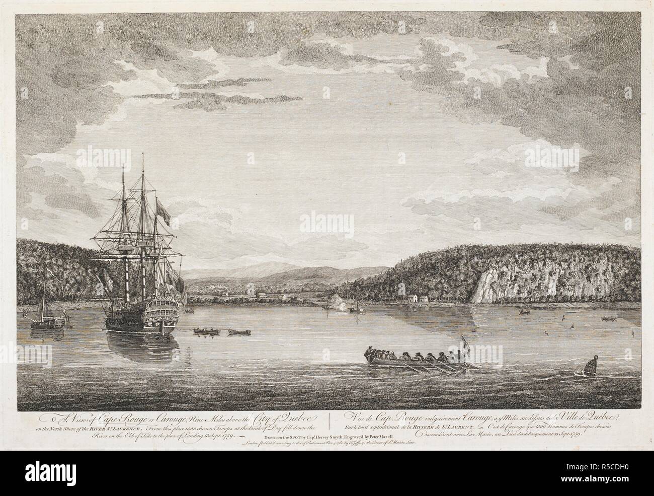 A large sailing ship on the St Lawrence River; men in rowing boats nearby; a tree-lined shore in the middle ground; buildings of Cap-Rouge in the distance. View of Cape Rouge or Carouge, nine Miles above the City of Quebec on the North Shore of the RIVER St LAWRENCE. : From this place 1500 chosen Troops at tje break of Day fell down the River on the Ebb of Tide to the place of Landing 13 Sept 1759. London : publish'd according to Act of Parliament Nov 5 1760 by T Jefferys the Corner of St Martin's Lane., [November 5 1760]. Etching and engraving. Source: Maps K.Top.119.46. Language: English and Stock Photo