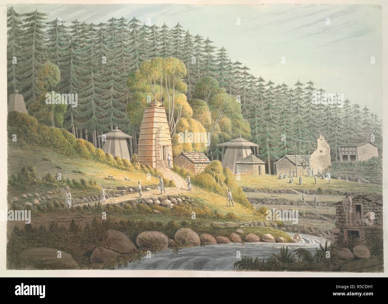 Hindu Temples. c.1826. A view of Hindu temples at Jagasir (Bagesar), Almora district, Uttar Pradesh, India. One of twelve landscapes in Almora - (U.P). Inscribed on back in ink with titles. Watercolour.  Originally published/produced in c.1826. . Source: WD 543, f.3. Author: Manson, James. Stock Photo