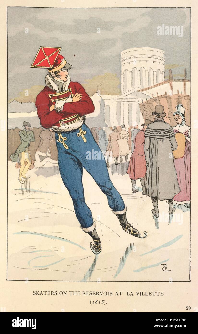 Skating at La Villete. Fashion in Paris: the various phases of feminine t. W. Heinemann: London, 1898. Skaters on the reservoir at La Villette (1813). A man wearing a red and blue uniform of a lancer.  Image taken from Fashion in Paris: the various phases of feminine taste and Ã¦sthetics from 1797 to 1897 From the French by Lady M. Loyd. With one hundred hand-coloured plates and two hundred and fifty text illustrations by F. Courboin...  Originally published/produced in W. Heinemann: London, 1898. . Source: 7742.de.8, plate 29. Language: English. Stock Photo
