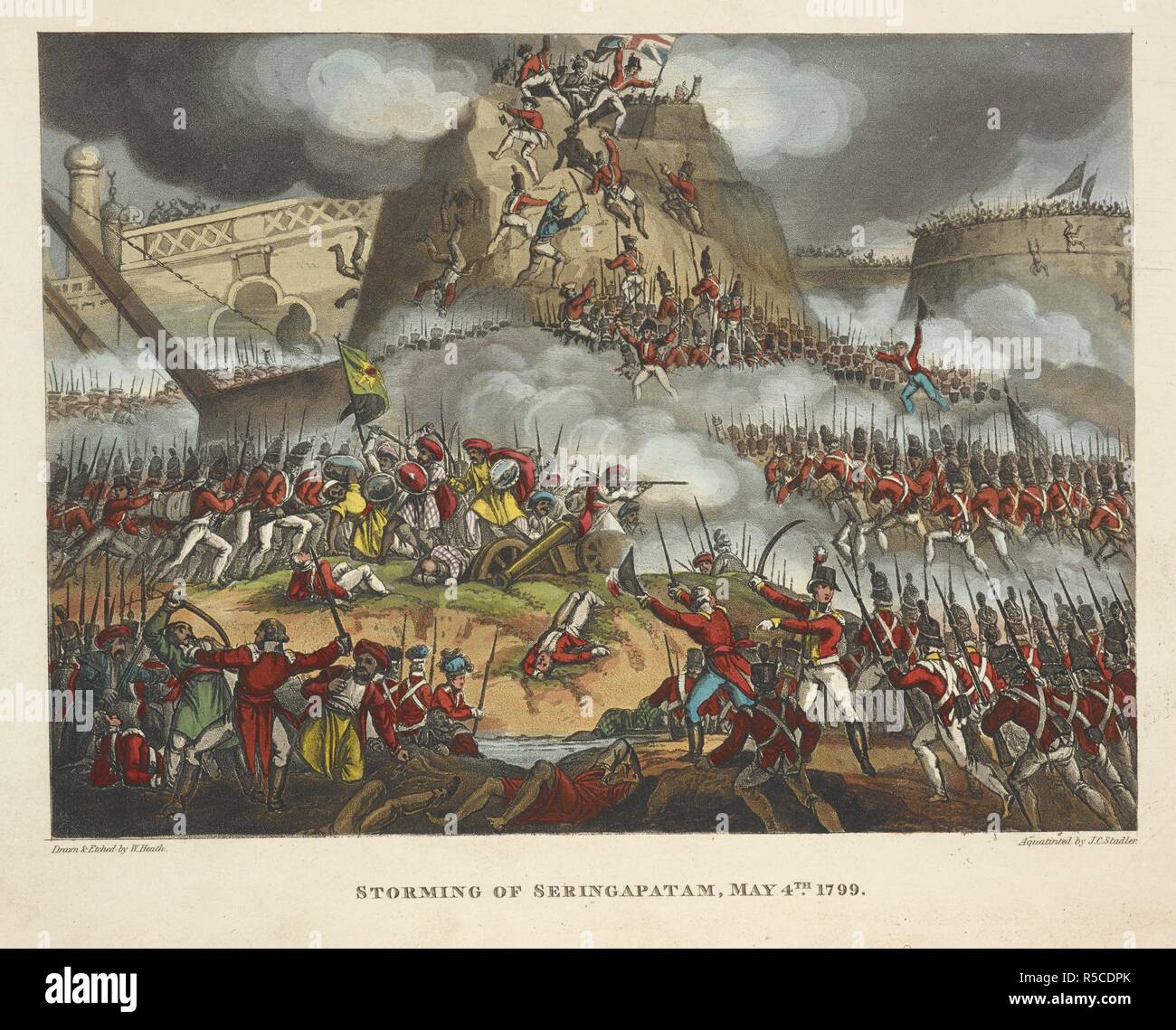 Storming of Seringapatam, May 4, 1799. The Siege of Seringapatam (5 April â€“ 4 May 1799) was the final confrontation of the Fourth Anglo-Mysore War between the British East India Company and the Kingdom of Mysore. The Wars of Wellington, a narrative poem. ... With ... engravings coloured ... By Dr. S. London, 1819. Source: 838.m.7 plate 2 page 11. Author: HEATH, WILLIAM. Stadler, J. C. Stock Photo