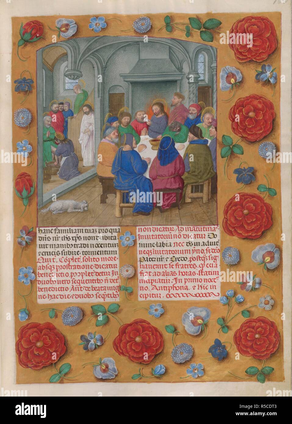 Temporale (1st portion: from First Sunday of Advent to Holy Saturday). The Last Supper (Maundy Thursday, Matins). Border with floral decoration. Two columns of text. . Isabella Breviary. Breviary, Use of the Dominicans ('The Breviary of Queen Isabella of Castile'). c 1497. Source: Add. 18851 f.100. Language: Latin. Author: Master of the Dresden Prayer Book. Stock Photo