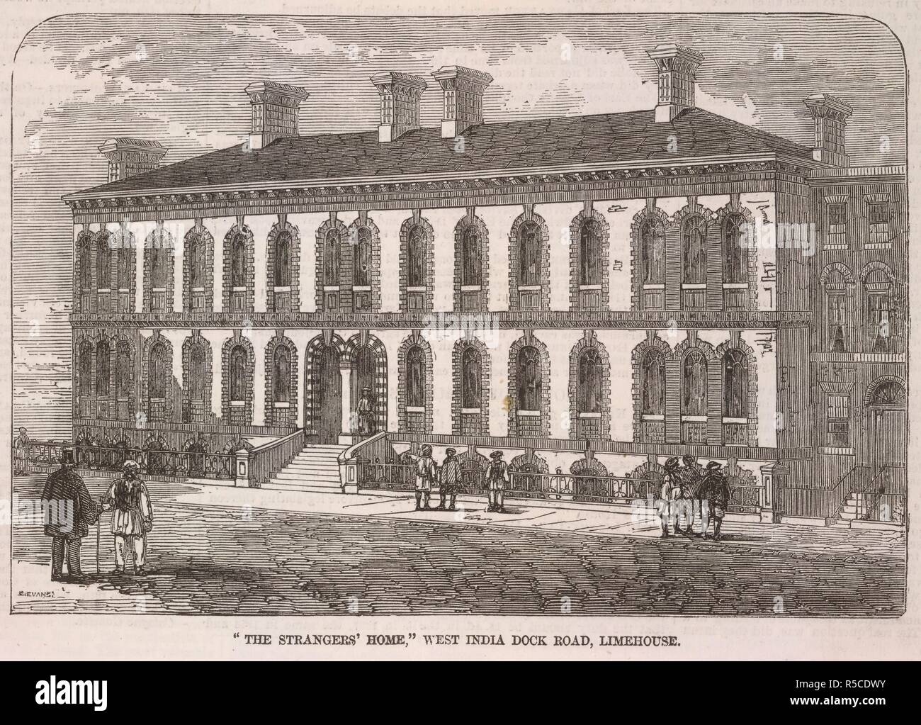 'The stranger's home', West Iindia dock road - Limehouse. The Stranger's Home in London, which was established in 1857 at West India Dock Road, Limehouse offered a comfortable and respectable lodging to every class of Asian, African and South-Sea Islander who came to England. Illustrated London News. London, 1857. Source: Illustrated London News, 28/02/1857 page 194. Stock Photo