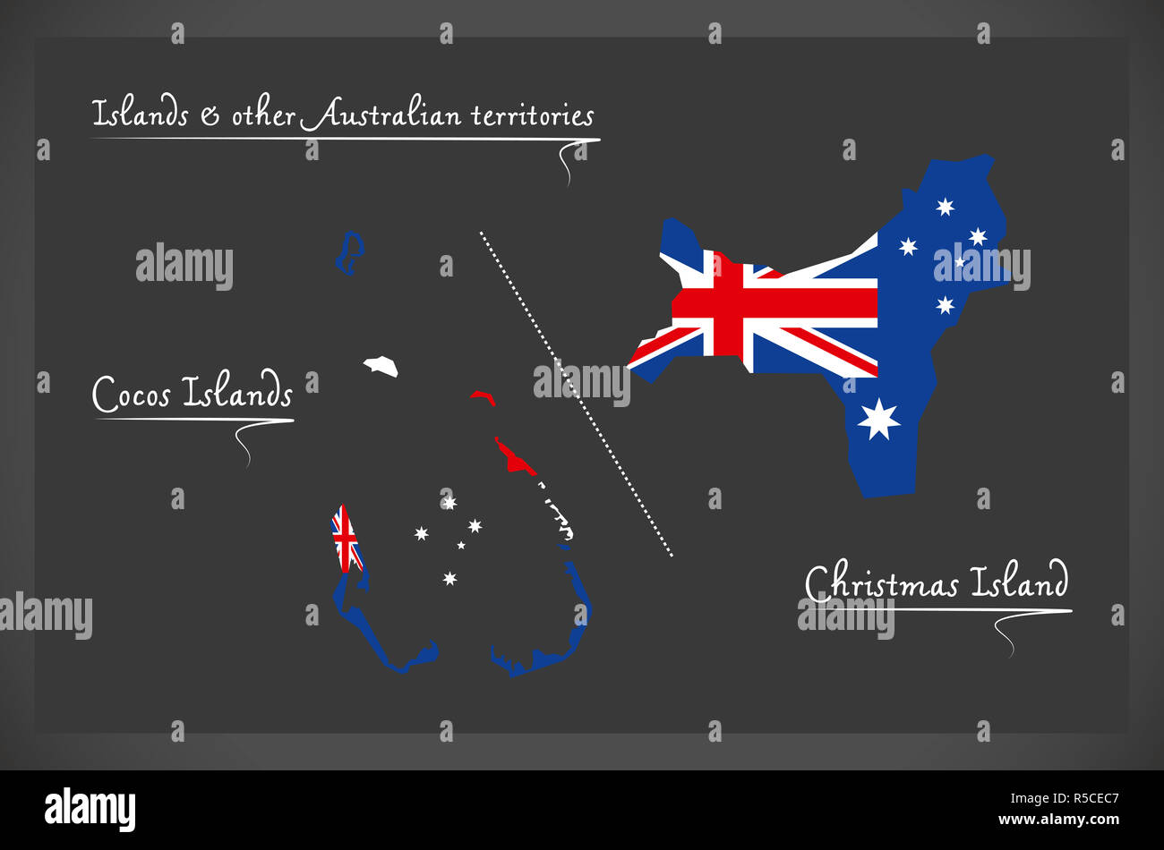 Cocos Islands and Christmas Island map with Australian national flag illustration Stock Photo