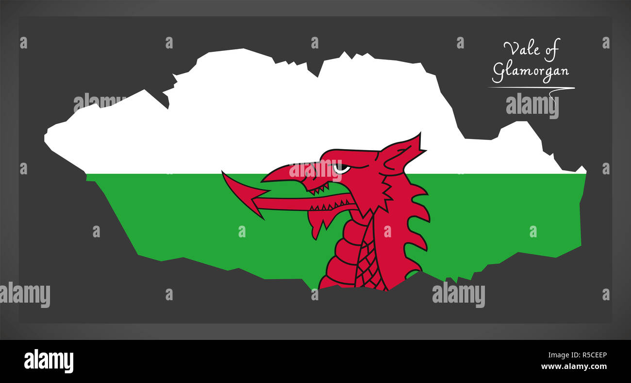 Vale of Wales map with Welsh national flag illustration Stock