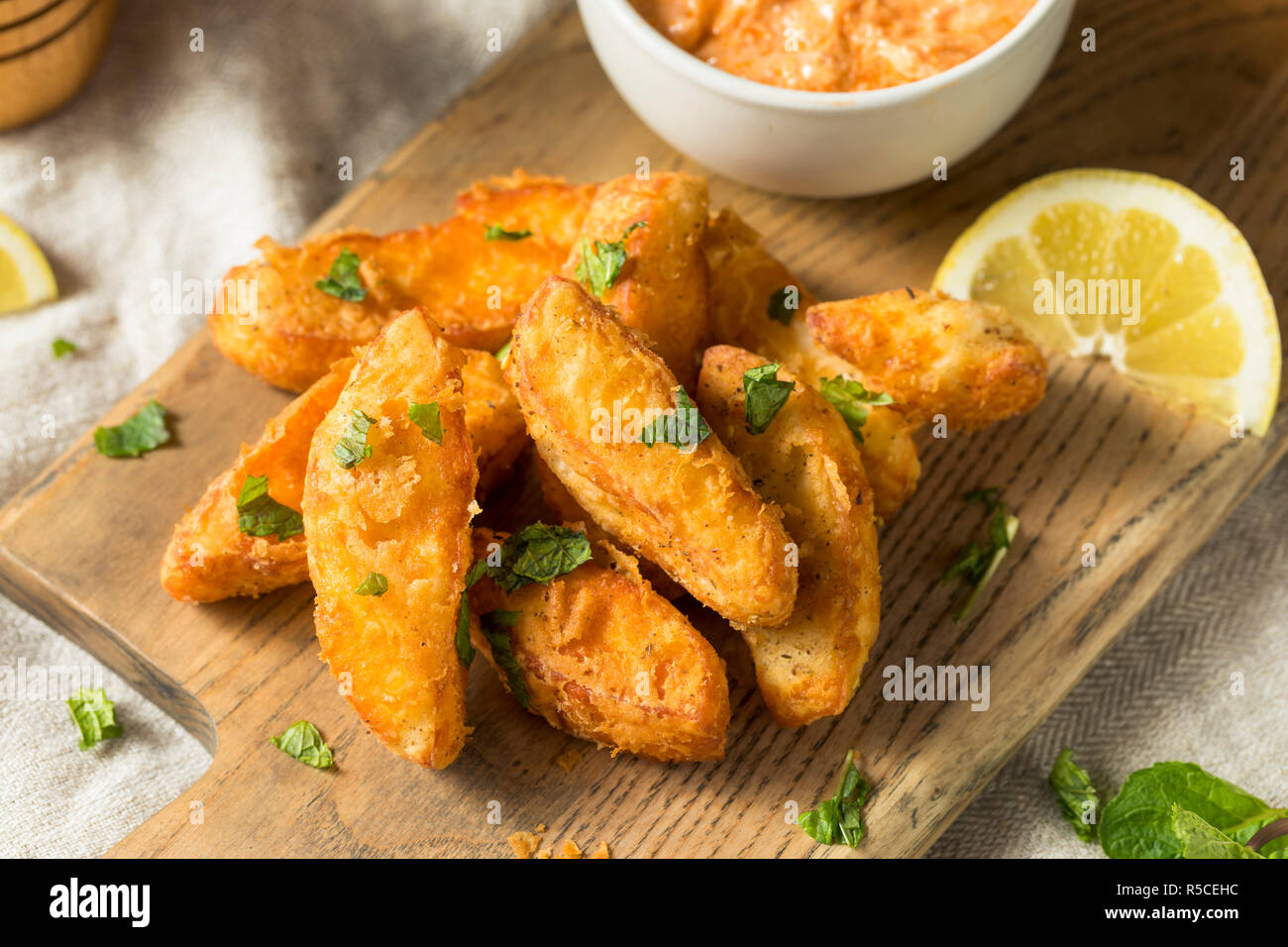 Homemade Deep Fried Halloumi Fries with Yogurt Dip Stock Photo Alamy